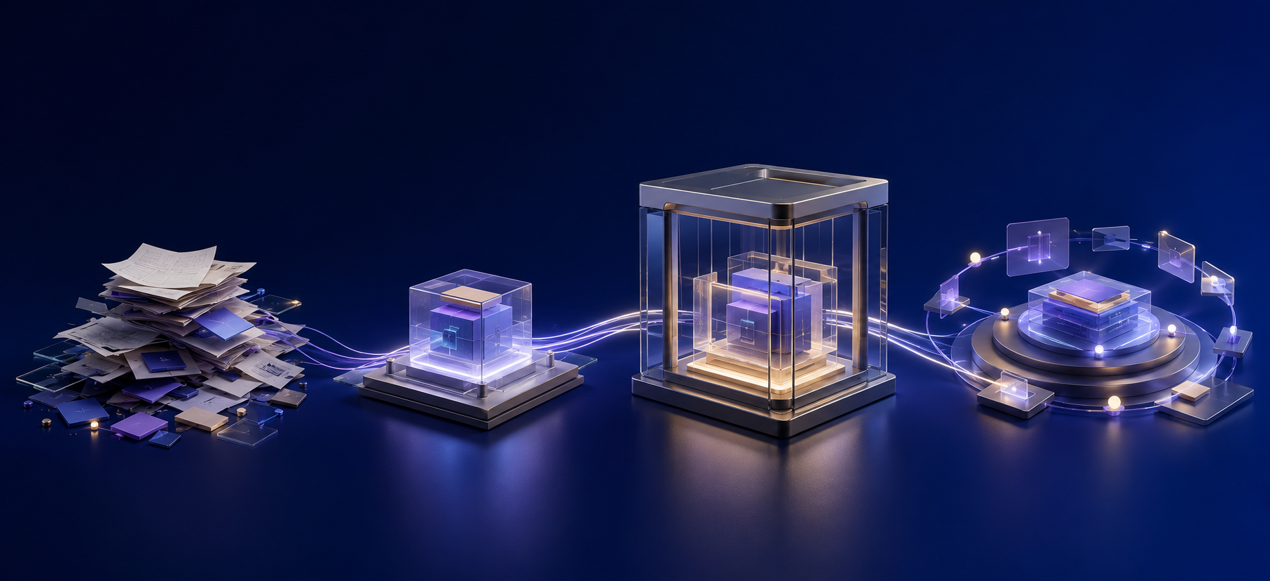 A four stage progression: a scattered pile of documents, a small illuminated proof cube, a larger enclosed production capability, and a continuously operated capability surrounded by governed outputs