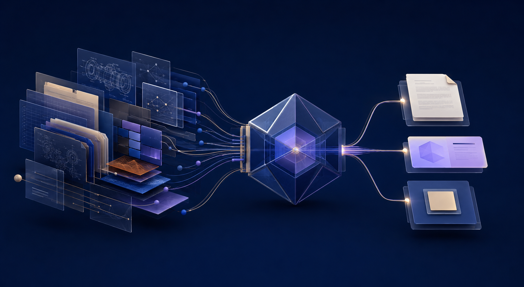 Fragmented engineering documents, drawings and data flowing through a central Navigator AI prism and emerging as governed, review-ready documents and outputs