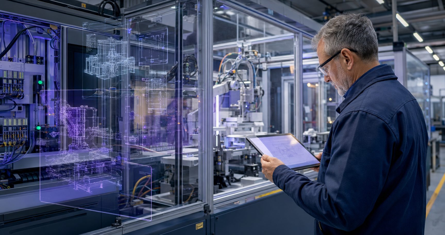 An engineer in a manufacturing facility reviewing machine documentation on a tablet beside automated production equipment, with CAD schematics overlaid on the machine