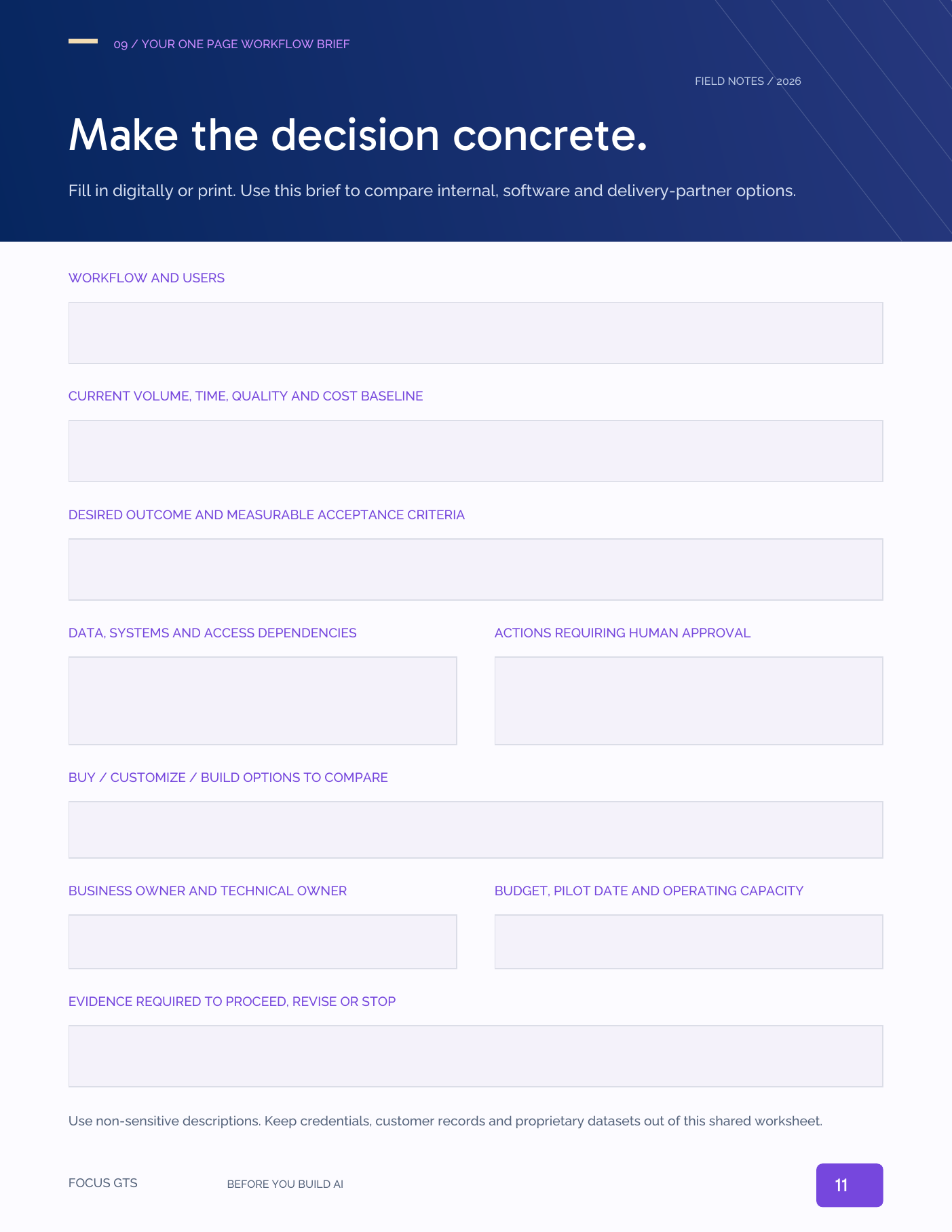 The one page workflow brief worksheet from the guide, with fillable fields for the workflow, baseline, desired outcome, data, boundaries, options, owner, funding and proof